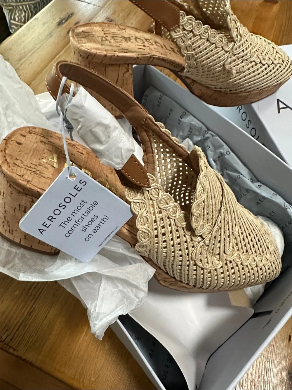 AEROSOLES Beige Woven Slingback Cork Block Heel - Picture 3 of 8